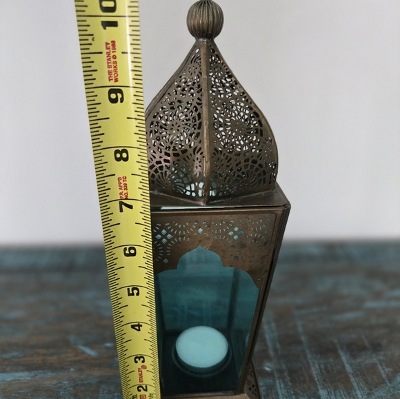 Moroccan Lantern Brass & Blue Glass Candle Holder Lamp - Picture 9 of 11